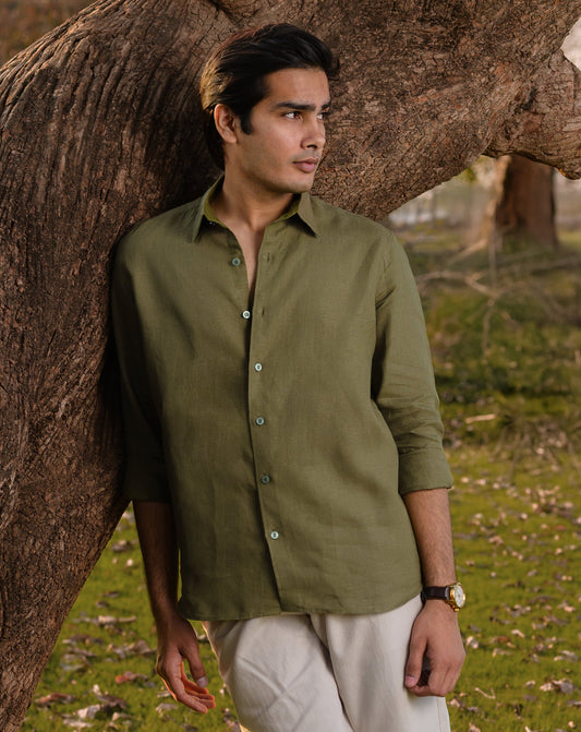 OLIVE 100% LINEN SHIRT
